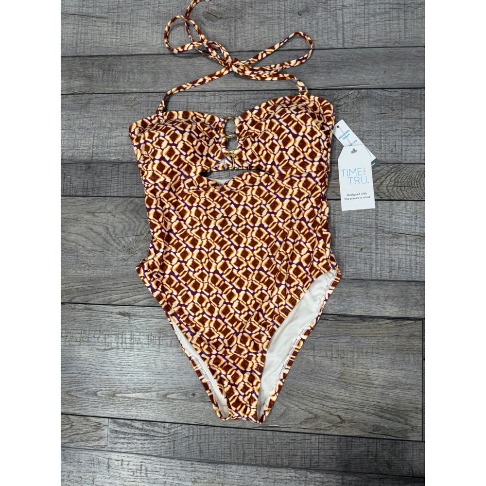Time and Tru Womens One Piece Swimsuit Orange Geometric Cutout Halter Small NwT